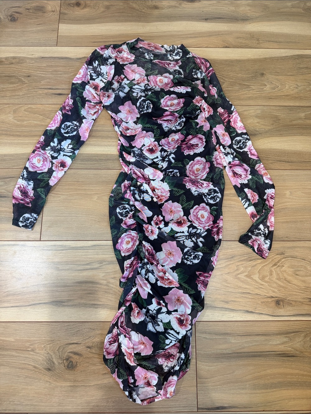 Planet Gold Black Long-Sleeve Midi Dress with Pink Floral Print